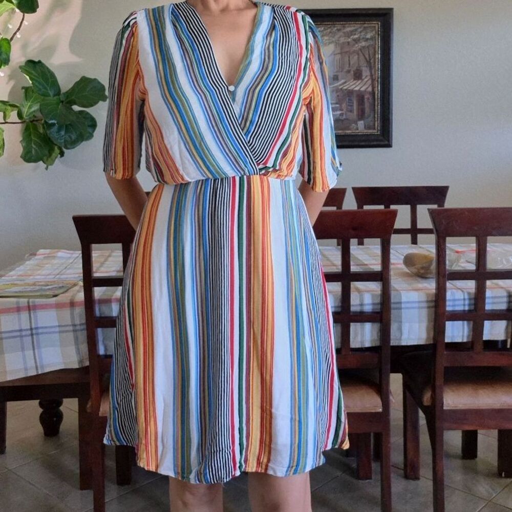 Fraiche by J, Multicolor stripes, wrap top, Short Sleeve dress